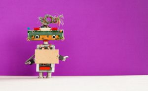 Robot with a cardboard card mockup.