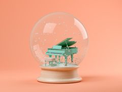 Snow globe with piano on a pink background 3D illustration